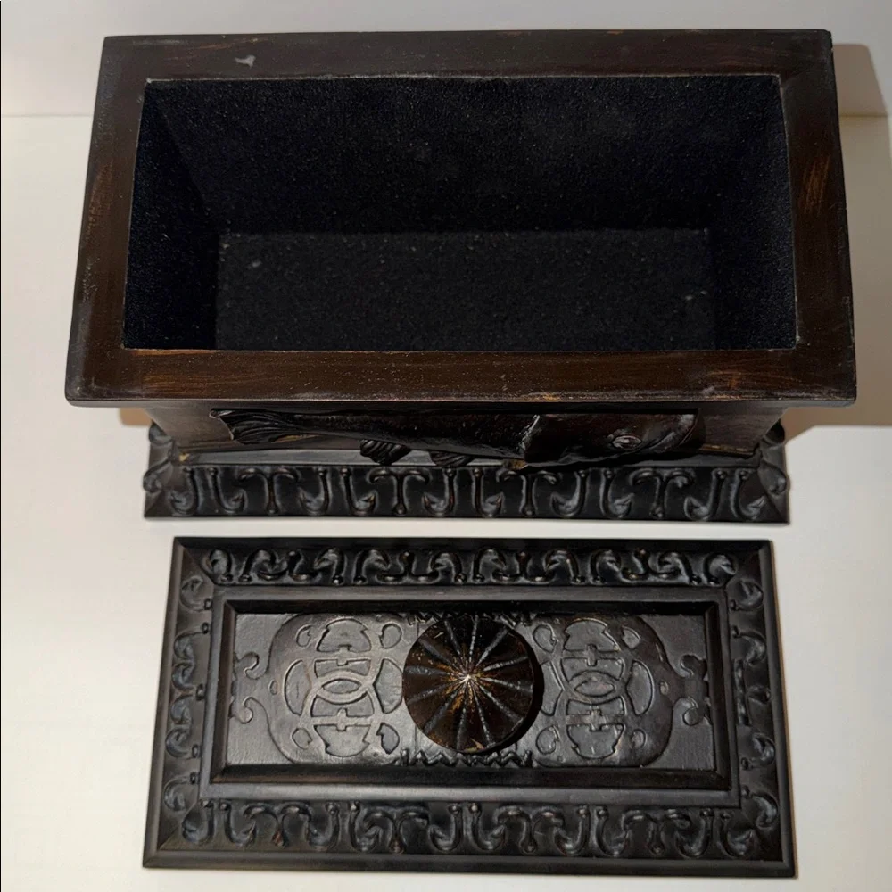 Vintage Decorative Brown Fish Box Featuring a Relief Style Fish Theme. Heavy